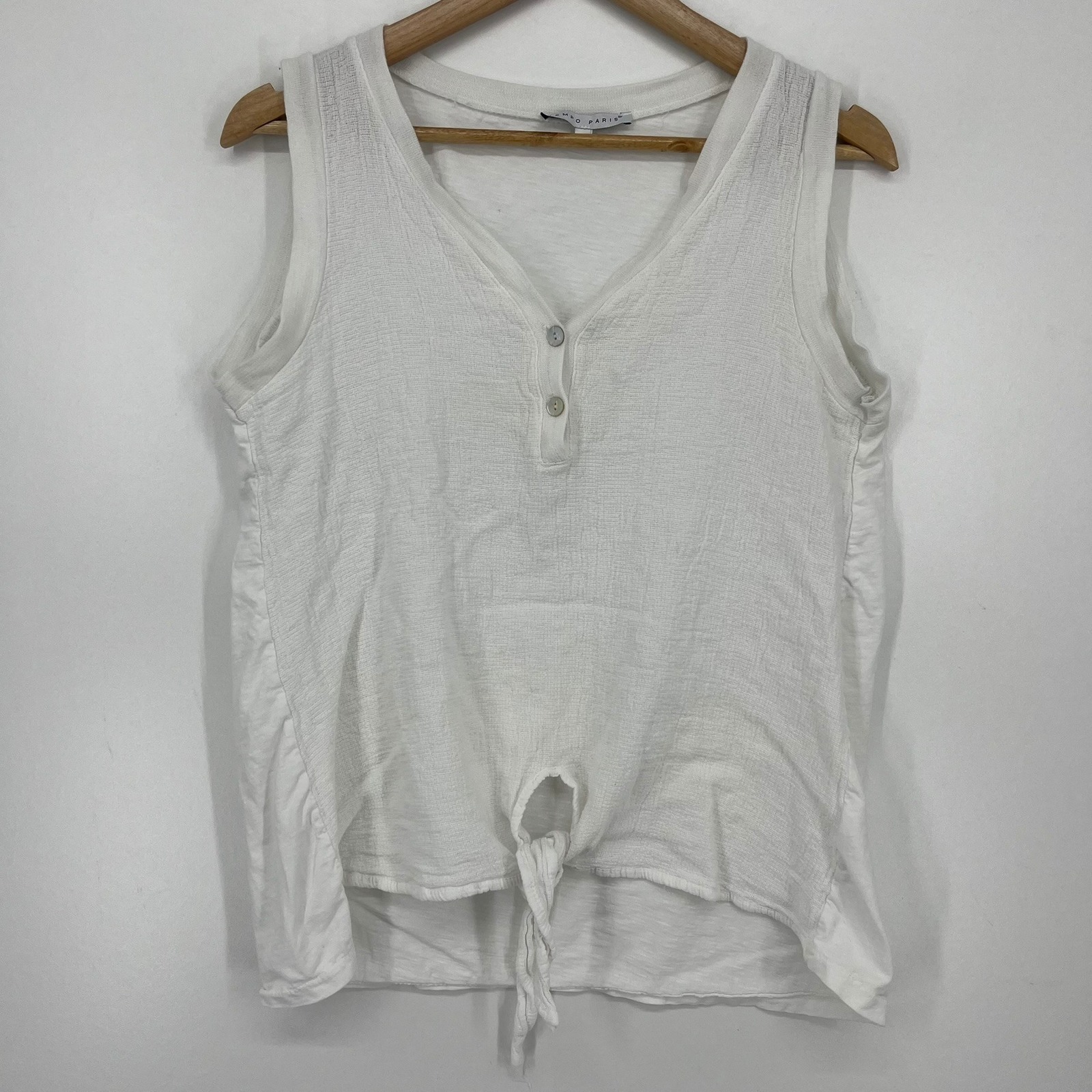 Tempo Paris Womens White 100% Linen Tie Front Sleeveless Henley Top Size M